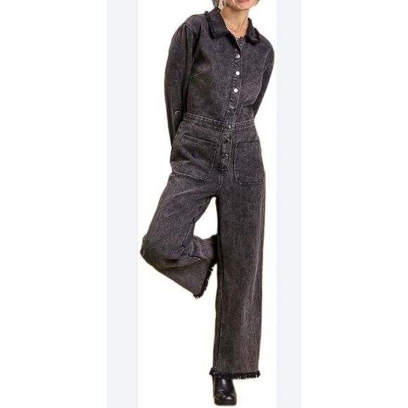 Umgee Mid Button Down Stone Wash Wide Leg Distressed Jumpsuit & Side Pockets wit - Picture 1 of 11